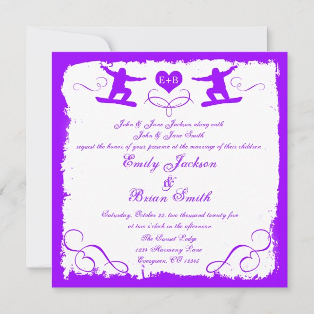 Invitación a la boda del snowboard morado (Anverso)