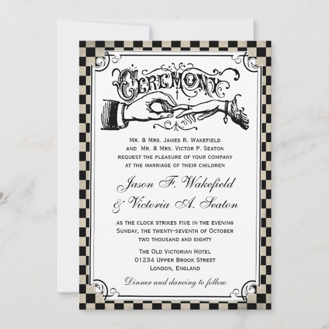 Invitación a la boda del tablero de cheques negro  (Anverso)