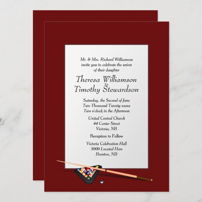Invitación a la boda del tema Billiard rojo profun (Anverso / Reverso)