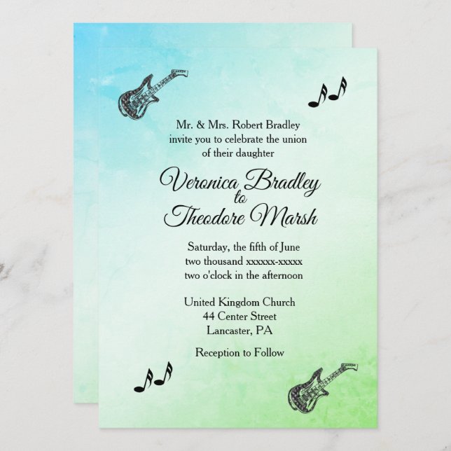 Invitación a la boda del tema de la guitarra verde (Anverso / Reverso)