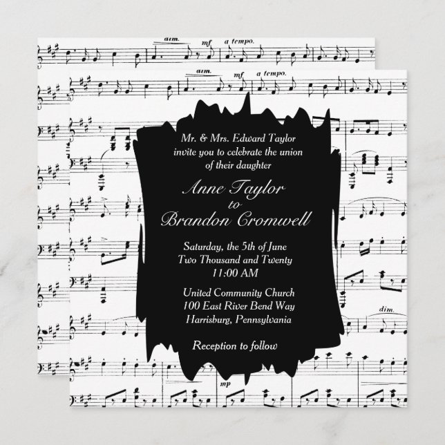 Invitación a la boda del tema de la música en blan (Anverso / Reverso)