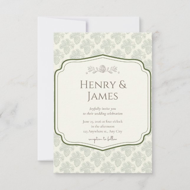 Invitación a la boda del tema de la pinecona rústi (Anverso)
