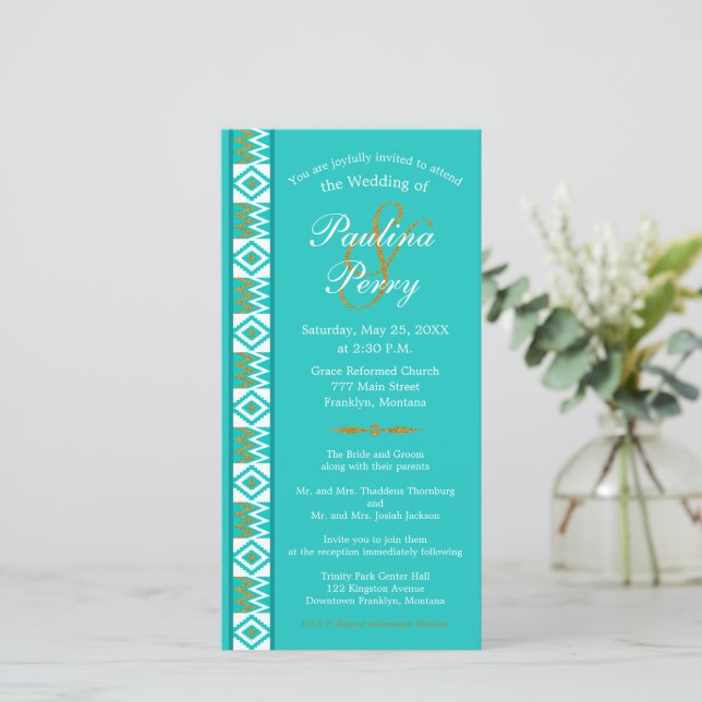 Invitación a la boda del Verde azulado Aqua Blue K (Anverso de pie)