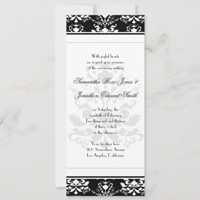 Invitación a la boda delgada de damasco blanco y n (Anverso)
