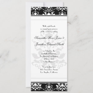 Invitación a la boda delgada de damasco blanco y n