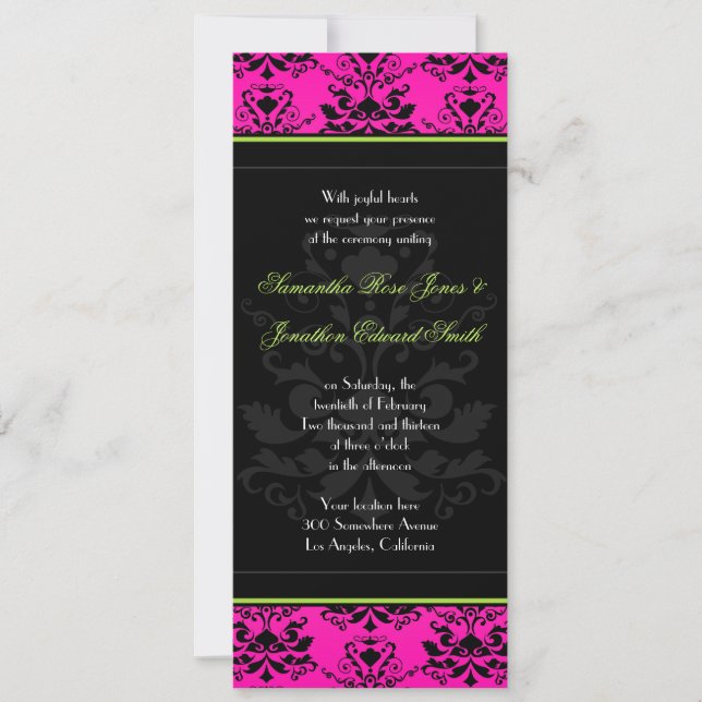 Invitación a la boda delgada verde rosa y negra (Anverso)