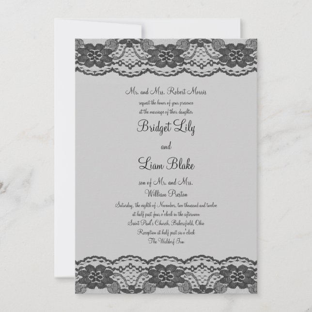 Invitación a la boda delgada y de encaje (gris) (Anverso)