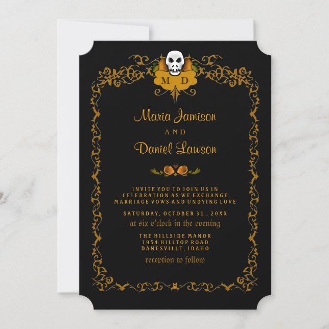 Invitación a la boda - Diseño de cráneo negro y Na (Anverso)