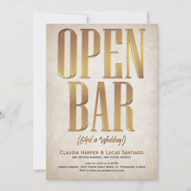 Invitación a la boda divertida de Open Bar (Anverso)
