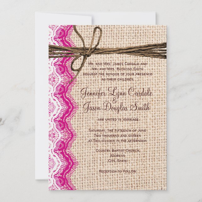 Invitación a la boda doble de encaje rosa Burlap (Anverso)