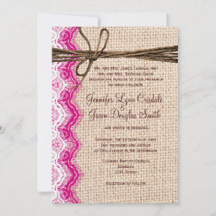 Invitación a la boda doble de encaje rosa Burlap