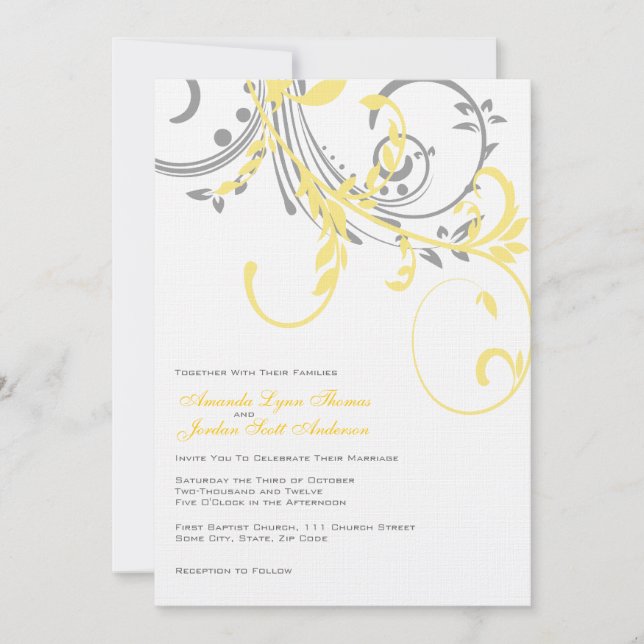 Invitación a la boda doble floral amarilla y gris (Anverso)