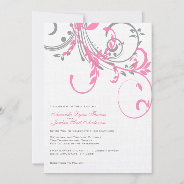 Invitación a la boda doble floral rosa y gris (Anverso)