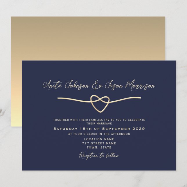 Invitación a la boda dorada azul de la Marina Míni (Anverso / Reverso)