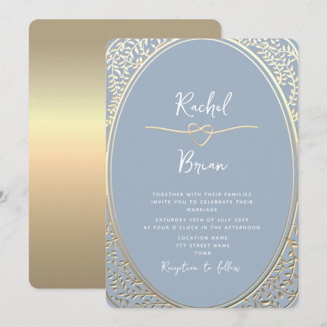 Invitación a la Boda Dorada Azul Dusty Barroco Vin (Anverso / Reverso)