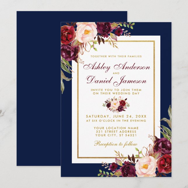 Invitación a la Boda Dorada Azul Floral de Borgoña (Anverso / Reverso)