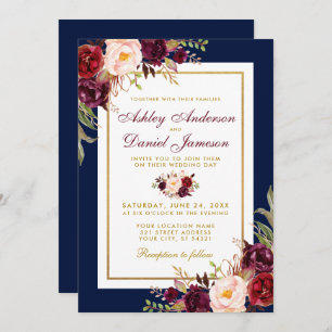 Invitación a la Boda Dorada Azul Floral de Borgoña