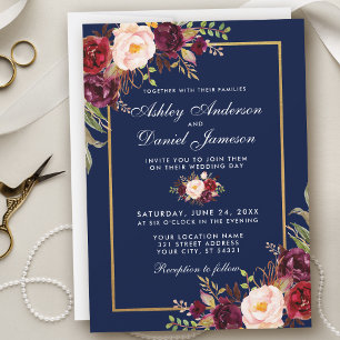 Invitación a la Boda Dorada Azul Floral de Borgoña
