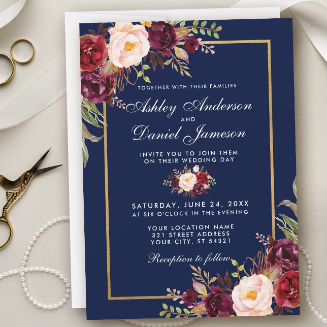 Invitación a la Boda Dorada Azul Floral de Borgoña (Subido por el creador)