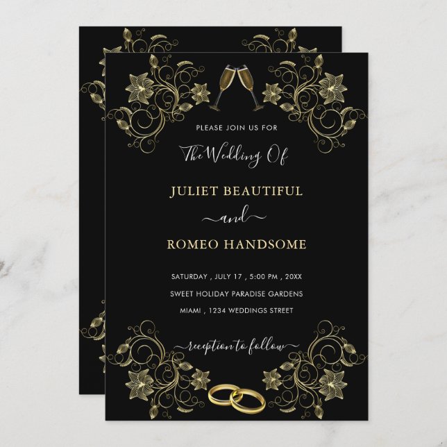 Invitación a la Boda Dorada con Floral de Oro (Anverso / Reverso)