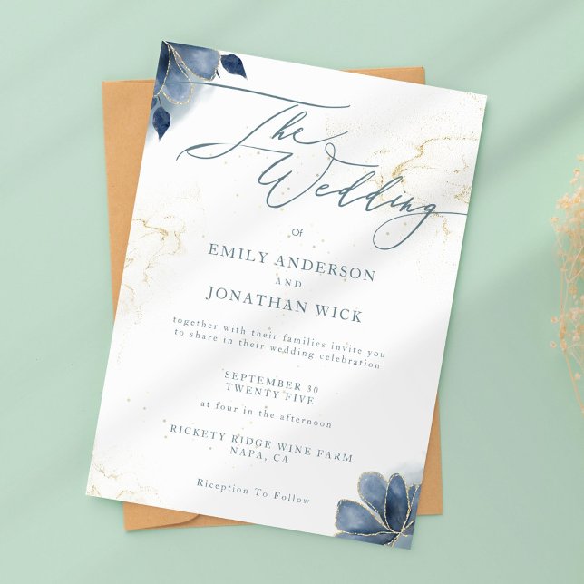 Invitación a la Boda Dorada Dusty Blue Floral (Subido por el creador)