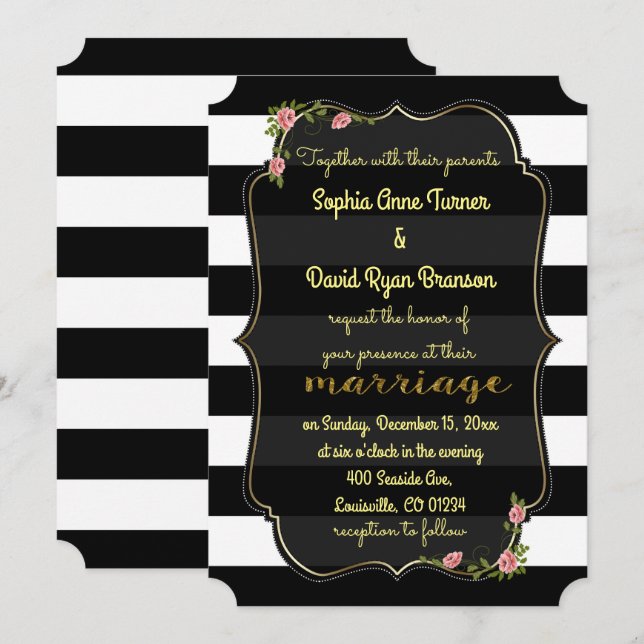 Invitación a la Boda Dorada Floral Black White Str (Anverso / Reverso)