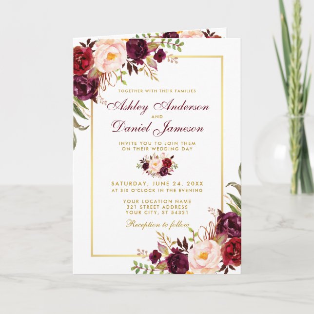 Invitación a la Boda Dorada Floral de Borgoña (Anverso)