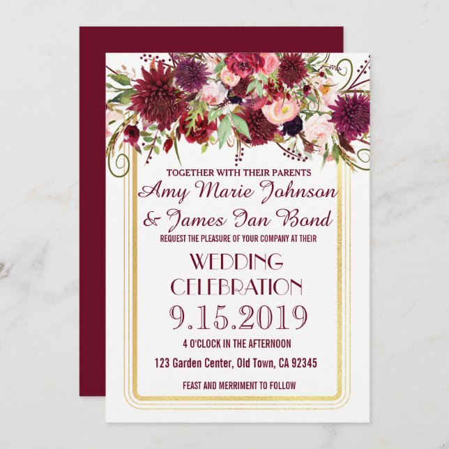 Invitación a la Boda Dorada Floral de Borgoña Roja (Anverso / Reverso)