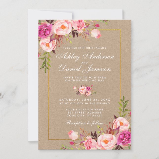 Invitación a la Boda Dorada Floral Kraft Pink Rubo (Anverso)