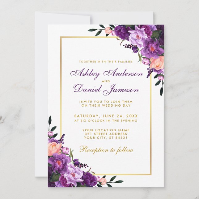 Invitación a la Boda Dorada Floral Purple Ultra Vi (Anverso)