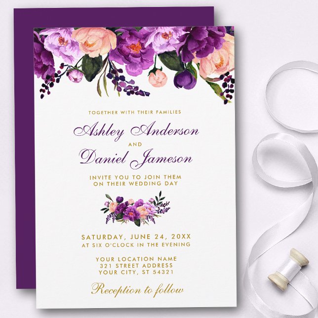 Invitación a la Boda Dorada Floral Púrpura Ultra V (Customize to change text color, style, add text & photos to back or change color of back of card.)