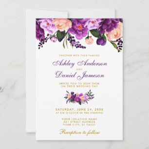 Invitación a la Boda Dorada Floral Púrpura Ultra V