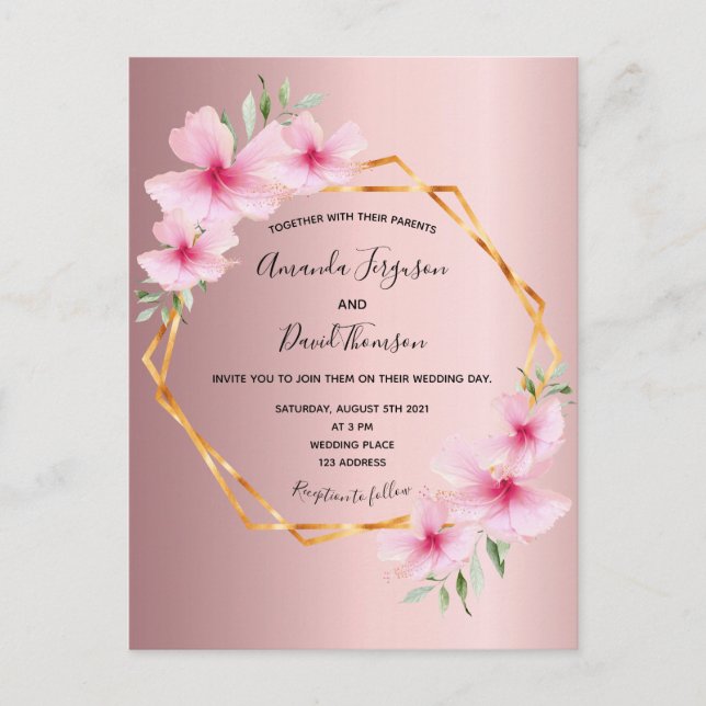 Invitación a la boda dorada floral rosa (Anverso)