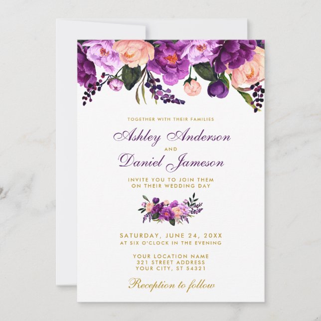 Invitación a la Boda Dorada Floral Ultra Violeta P (Anverso)