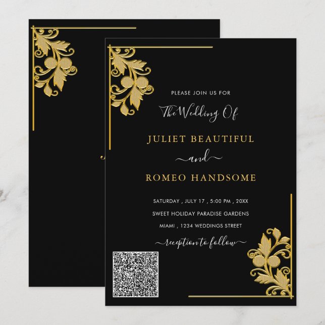 Invitación a la Boda Dorada Negra Floral de QR Cod (Anverso / Reverso)