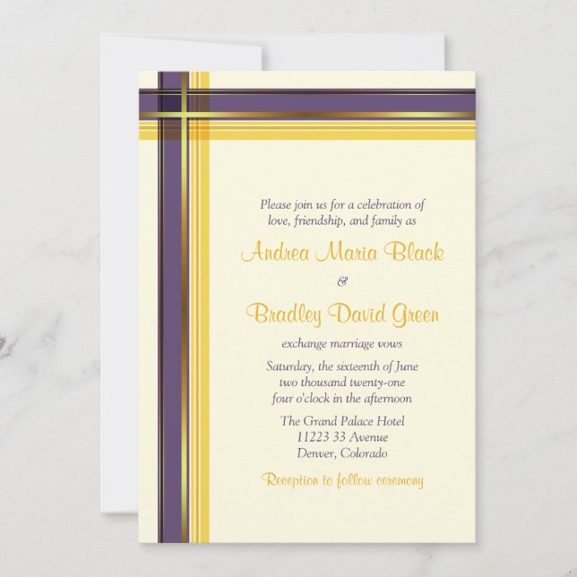 Invitación a la boda dorada púrpura (Anverso)