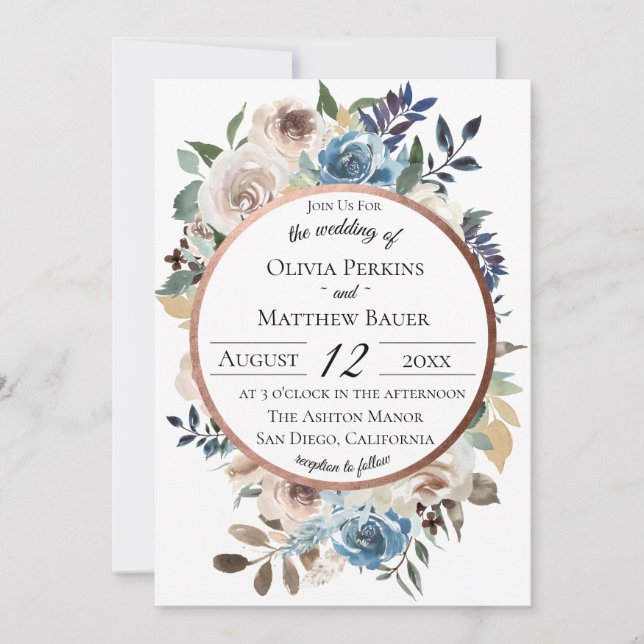 Invitación a la Boda Dorada Rosa Floral Azul de Mo (Anverso)