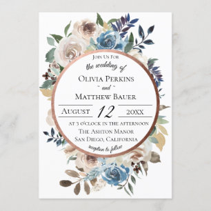 Invitación a la Boda Dorada Rosa Floral Azul de Mo