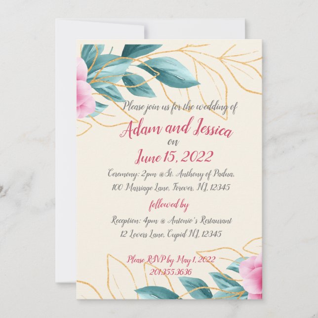 Invitación a la Boda Dorada Rosa Floral bonito (Anverso)