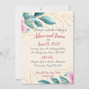 Invitación a la Boda Dorada Rosa Floral bonito