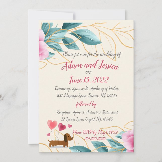 Invitación a la Boda Dorada Rosa Floral bonito (Anverso)