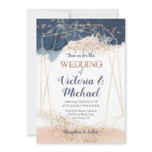 Invitación a la Boda Dorada Rubor Rosa Azul Marina