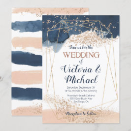 Invitación a la Boda Dorada Rubor Rosa Azul Marina