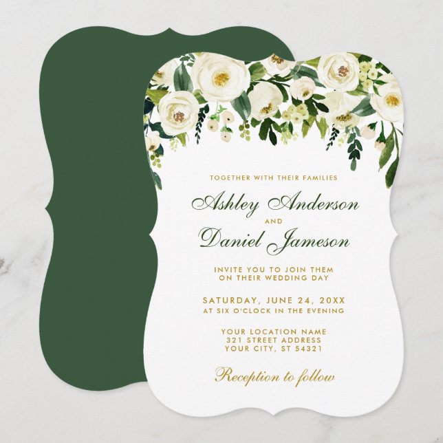 Invitación a la Boda Dorada Verde Floral Watercolo (Anverso / Reverso)