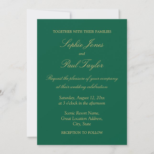 Invitación a la Boda Dorada Verde Hunter (Anverso)