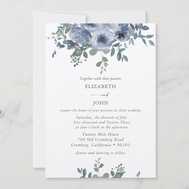 Invitación a la boda dorada y a la floral azul tur (Anverso)