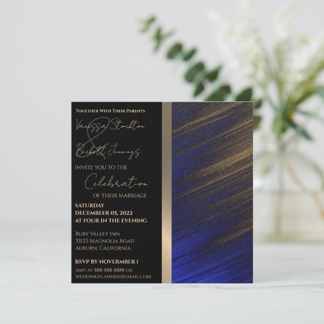 Invitación a la Boda Dorada y Azul (Anverso de pie)