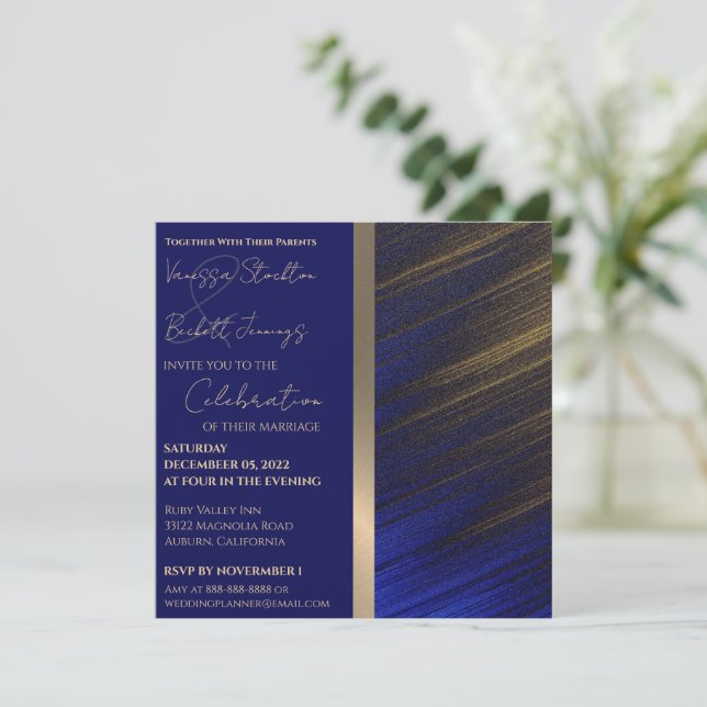 Invitación a la Boda Dorada y Azul (Anverso de pie)