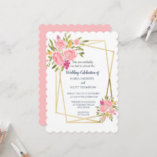 Invitación a la boda dorada y floral de coral rosa