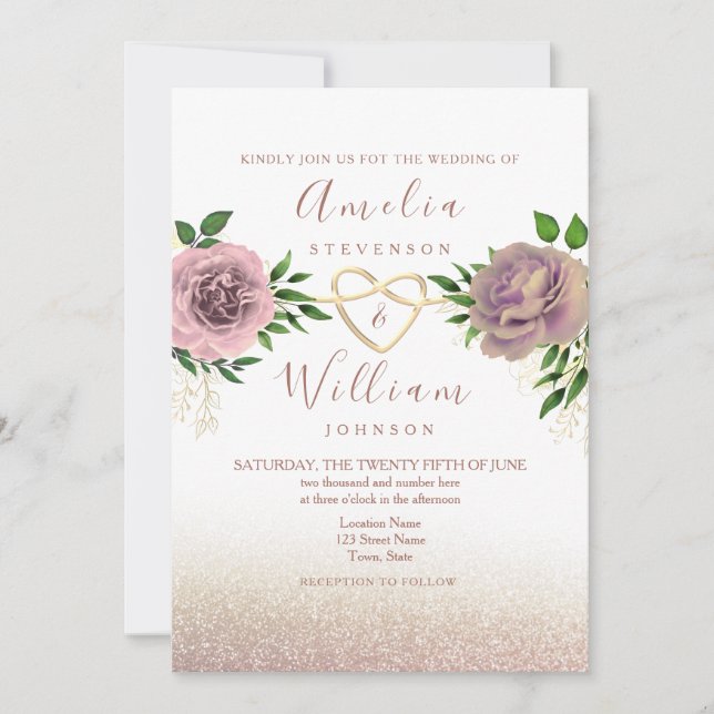 Invitación a la Boda Dorada y Floral Rosa Dusty (Anverso)